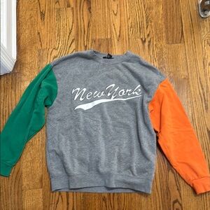 New York Gray Sweater with Green and Orange Sleeves - Forever 21